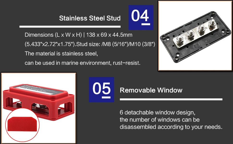 300A Bus Bar Heavy Duty Power Distribution Block Busbar Box Module Design with 4X M8 (5/16&quot;) Terminal Studs for Car RV Boat